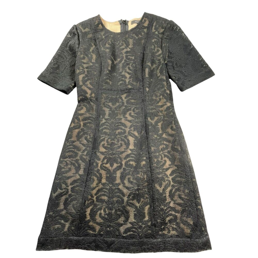 BCBGMAXAZRIA Black Lace Overlay Fit & Flare Dress Women Sz 0 Nude Lined Cocktail